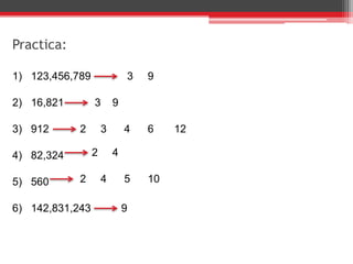 Practica:
1) 123,456,789
2) 16,821
3) 912
4) 82,324
5) 560
6) 142,831,243
93
2 3 4 6 12
2 4 5 10
3
2 4
9
9
 