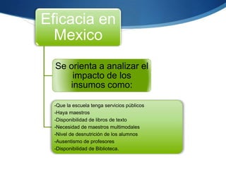 Eficacia en
Mexico
Se orienta a analizar el
impacto de los
insumos como:
-Que la escuela tenga servicios públicos
-Haya maestros
-Disponibilidad de libros de texto
-Necesidad de maestros multimodales
-Nivel de desnutrición de los alumnos
-Ausentismo de profesores
-Disponibilidad de Biblioteca.

 