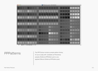 PPPatterns The PPP Extras include a simple pattern library
for you to play with, available as Photoshop
presets (Patterns/PPPattern.pat) or pre-
applied Effects (Patterns/PPPattern.psd).
211Pixel Perfect Precision
 