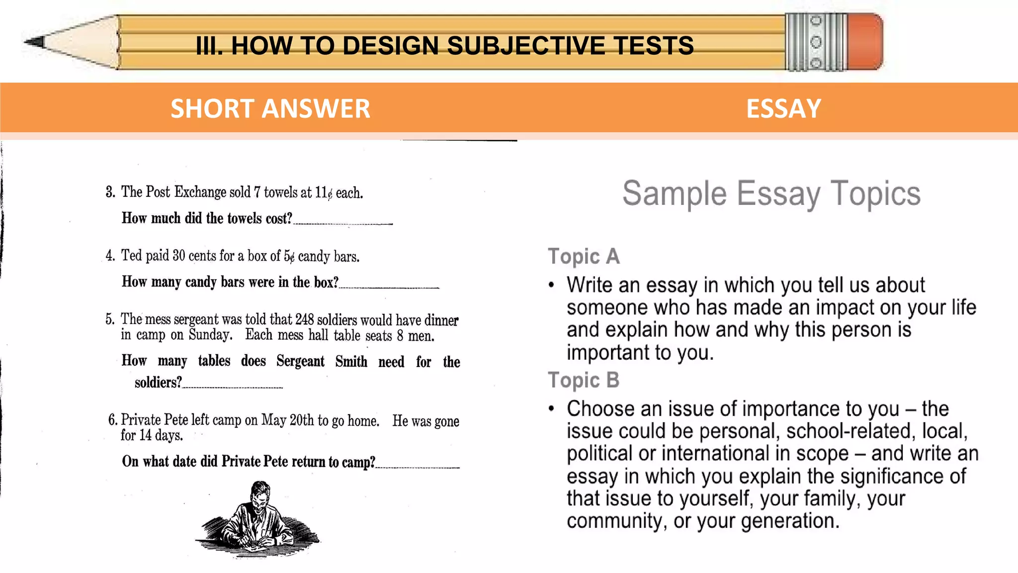 III. HOW TO DESIGN SUBJECTIVE TESTS
SHORT ANSWER ESSAY
APPLICATION, SYNTHESIS, ANALYSIS, AND
EVALUATION LEVELS
APPLICATION, SYNTHESIS AND
EVALUATION LEVELS
 