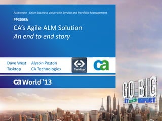 CA’s Agile ALM Solution
An end to end story
PP300SN
Accelerate - Drive Business Value with Service and Portfolio Management
Dave West Alyson Poston
Tasktop CA Technologies
 