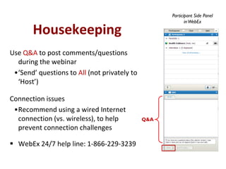 Participant Side Panel
                                                           in WebEx

       Housekeeping
Use Q&A to post comments/questions
  during the webinar
 •‘Send’ questions to All (not privately to
  ‘Host’)

Connection issues
 •Recommend using a wired Internet
  connection (vs. wireless), to help          Q&A
  prevent connection challenges

 WebEx 24/7 help line: 1-866-229-3239
 