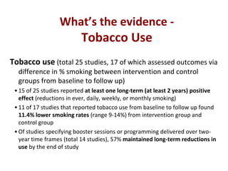 What’s the evidence -
                          Tobacco Use
Tobacco use (total 25 studies, 17 of which assessed outcomes v...