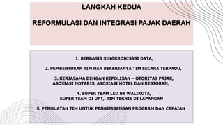 LANGKAH KEDUA
REFORMULASI DAN INTEGRASI PAJAK DAERAH
1. BERBASIS SINGKRONISASI DATA,
2. PEMBENTUKAN TIM DAN BEKERJANYA TIM SECARA TERPADU,
3. KERJASAMA DENGAN KEPOLISAN – OTORITAS PAJAK,
ASOSIASI NOTARIS, ASOSIASI HOTEL DAN RESTORAN,
4. SUPER TEAM LED BY WALIKOTA,
SUPER TEAM DI UPT, TIM TEKNIS DI LAPANGAN
5. PEMBUATAN TIM UNTUK PENGEMBANGAN PROGRAM DAN CAPAIAN
 