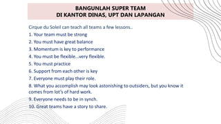 BANGUNLAH SUPER TEAM
DI KANTOR DINAS, UPT DAN LAPANGAN
Cirque du Soleil can teach all teams a few lessons..
1. Your team must be strong
2. You must have great balance
3. Momentum is key to performance
4. You must be flexible...very flexible.
5. You must practice
6. Support from each other is key
7. Everyone must play their role.
8. What you accomplish may look astonishing to outsiders, but you know it
comes from lot’s of hard work.
9. Everyone needs to be in synch.
10. Great teams have a story to share.
 