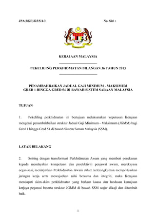  
 
JPA(BG
GR
TUJUA
1.
mengen
Gred 1
LATA
2.
kepada
organis
jaringa
mendap
kerjaya
baik.
GE)223/5/4
PEKELI
PENAMB
RED 1 HIN
AN
Pekeliling
nai penamb
hingga Gr
AR BELAK
Seiring de
a mendaya
sasi, merak
an kerja s
pati skim-
a pegawai
4-3
ILING PE
BAHBAIK
NGGA GR
perkhidm
bahbaikan
red 54 di b
KANG
engan tran
akan kom
kyatkan Pe
serta mew
-skim perk
beserta st
KERAJA
ERKHIDM
KAN JADU
RED 54 DI
matan ini
struktur Ja
awah Siste
sformasi P
mpetensi d
erkhidmata
wujudkan
khidmatan
ruktur JGM
AAN MAL
MATAN B
UAL GAJ
BAWAH
bertujuan
adual Gaji
em Saraan
Perkhidmat
dan produk
an Awam d
nilai bers
yang ber
MM di ba
LAYSIA
ILANGAN
JI MINIMU
SISTEM
n melaksan
Minimum
Malaysia (
tan Awam
ktiviti pen
dalam kete
sama dan
rkuat kuas
awah SSM
No. Sir
N 36 TAH
UM - MAK
SARAAN
nakan kep
- Maksim
(SSM).
m yang me
njawat aw
erangkuman
integriti,
sa dan lan
wajar dik
ri :
HUN 2013
KSIMUM
N MALAY
putusan K
mum (JGMM
emberi pen
wam, mere
an memper
maka K
ndasan ke
kaji dan di
 
M
YSIA
Kerajaan
M) bagi
nekanan
ekayasa
rluaskan
Kerajaan
emajuan
itambah
1
 