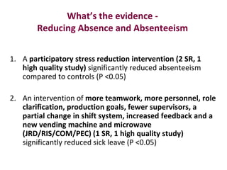 What’s the evidence Reducing Absence and Absenteeism
1. A participatory stress reduction intervention (2 SR, 1
high qualit...