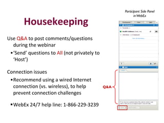 Participant Side Panel
in WebEx

Housekeeping
Use Q&A to post comments/questions
during the webinar
•‘Send’ questions to A...