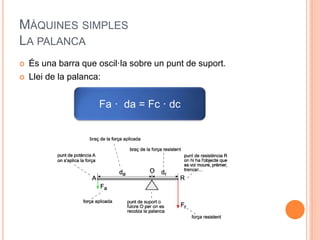 MÀQUINES SIMPLES
LA PALANCA
 És una barra que oscil·la sobre un punt de suport.
 Llei de la palanca:
Fa · da = Fc · dc
 