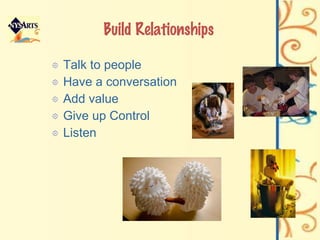 Build Relationships Talk to people Have a conversation Add value Give up Control Listen 