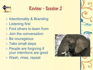 Review - Session 2  Intentionality & Branding Listening first Find others to learn from Join the conversation Be courageous Take small steps People are forgiving if your intentions are good Wash, rinse, repeat 