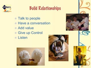 Build Relationships Talk to people Have a conversation Add value Give up Control Listen 