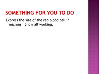 Express the size of the red blood cell in
microns. Show all working.
 