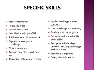  Access information
 Select key ideas
 Recall information
 Describe knowledge of NS
 Build a conceptual framework
 Organise or reorganise
knowledge
 Write summaries
 Develop flow charts and mind
maps
 Recognise patterns and trends
 Apply knowledge in new
contexts
 Use knowledge in a new way
 Analyse information/data
 Critically evaluate scientific
information
 Recognise relationships
between existing knowledge
and new ideas
 Identify assumptions
 Categorise information
 