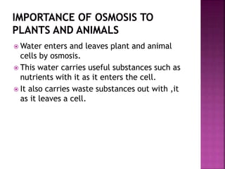  Water enters and leaves plant and animal
cells by osmosis.
 This water carries useful substances such as
nutrients with it as it enters the cell.
 It also carries waste substances out with ,it
as it leaves a cell.
 