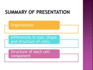 Organization
Differences in size, shape
and structure of cells.
Structure of each cell
component
 