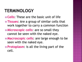  Cells: These are the basic unit of life
 Tissues: Are a group of similar cells that
work together to carry a common function
 Microscopic cells: are so small they
cannot be seen with the naked eye.
 Macroscopic cells: are large enough to be
seen with the naked eye.
 Protoplasm: is all the living part of the
cell.
 