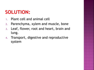 1. Plant cell and animal cell
2. Parenchyma, xylem and muscle, bone
3. Leaf, flower, root and heart, brain and
lung.
4. Transport, digestive and reproductive
system
 