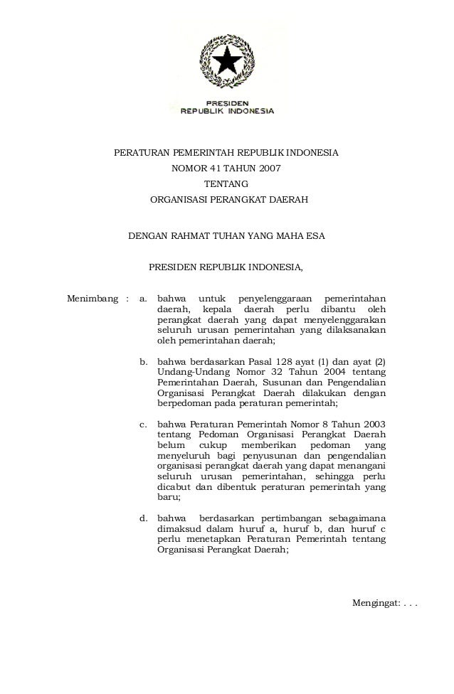 peraturan pemerintah no 41 tahun 2007 tentang organisasi peraturan pemerintah no 41 tahun 2007 tentang organisasi