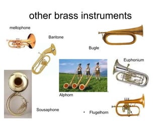 other brass instruments
• Flugelhorn
Baritone
Sousaphone
Alphorn
Bugle
Euphonium
mellophone
 