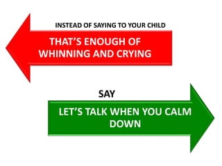 THAT’S ENOUGH OF
WHINNING AND CRYING
LET’S TALK WHEN YOU CALM
DOWN
INSTEAD OF SAYING TO YOUR CHILD
SAY