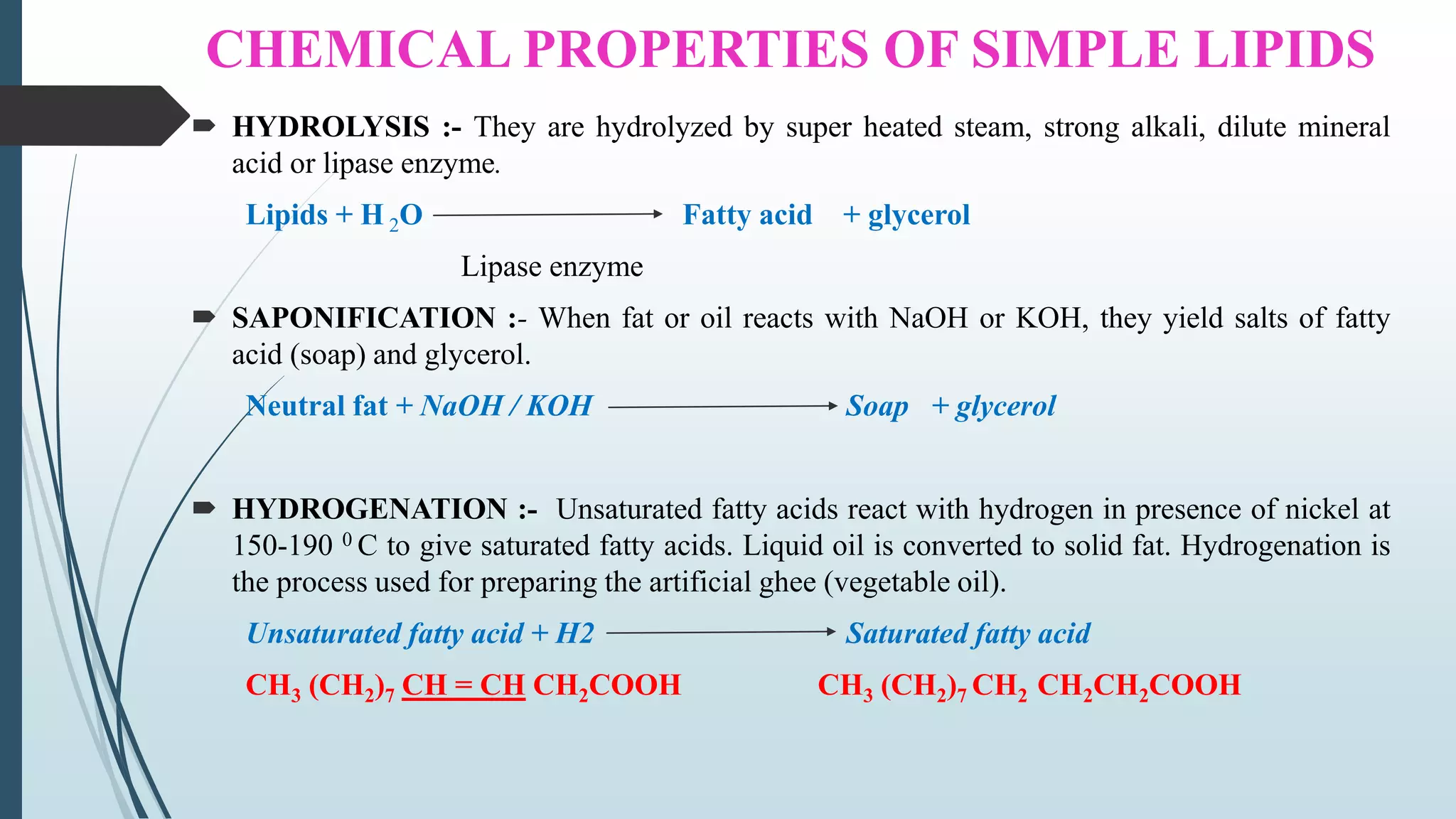 CHEMICAL PROPERTIES OF SIMPLE LIPIDS
 HYDROLYSIS :- They are hydrolyzed by super heated steam, strong alkali, dilute mineral
acid or lipase enzyme.
Lipids + H 2O Fatty acid + glycerol
Lipase enzyme
 SAPONIFICATION :- When fat or oil reacts with NaOH or KOH, they yield salts of fatty
acid (soap) and glycerol.
Neutral fat + NaOH / KOH Soap + glycerol
 HYDROGENATION :- Unsaturated fatty acids react with hydrogen in presence of nickel at
150-190 0 C to give saturated fatty acids. Liquid oil is converted to solid fat. Hydrogenation is
the process used for preparing the artificial ghee (vegetable oil).
Unsaturated fatty acid + H2 Saturated fatty acid
CH3 (CH2)7 CH = CH CH2COOH CH3 (CH2)7 CH2 CH2CH2COOH
 