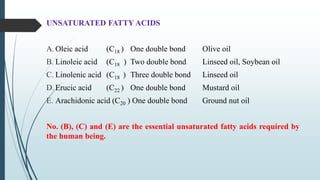 UNSATURATED FATTY ACIDS
A. Oleic acid (C18 ) One double bond Olive oil
B. Linoleic acid (C18 ) Two double bond Linseed oil, Soybean oil
C. Linolenic acid (C18 ) Three double bond Linseed oil
D. Erucic acid (C22 ) One double bond Mustard oil
E. Arachidonic acid (C20 ) One double bond Ground nut oil
No. (B), (C) and (E) are the essential unsaturated fatty acids required by
the human being.
 