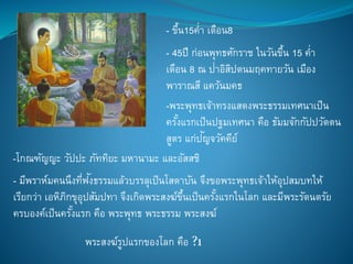 - ขึ้น15ค่า เดือน8
- 45ปี ก่อนพุทธศักราช ในวันขึ้น 15 ค่า
เดือน 8 ณ ป่าอิสิปตนมฤคทายวัน เมือง
พาราณสี แคว้นมคธ
-พระพุทธเจ้าทรงแสดงพระธรรมเทศนาเป็น
ครั้งแรกเป็นปฐมเทศนา คือ ธัมมจักกัปปวัตตน
สูตร แก่ปัญจวัคคีย์
-โกณฑัญญะ วัปปะ ภัททิยะ มหานามะ และอัสสชิ
- มีพราห์มคนนึงที่ฟังธรรมแล้วบรรลุเป็นโสดาบัน จึงขอพระพุทธเจ้าให้อุปสมบทให้
เรียกว่า เอหิภิกขุอุปสัมปทา จึงเกิดพระสงฆ์ขึ้นเป็นครั้งแรกในโลก และมีพระรัตนตรัย
ครบองค์เป็นครั้งแรก คือ พระพุทธ พระธรรม พระสงฆ์
พระสงฆ์รูปแรกของโลก คือ ?1
 