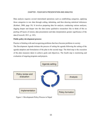 15
CHAPTER - FOUR DATA PRESENTATION AND ANALYSIS
Data analysis requires several interrelated operations such as establishing categories, applying
those categories to raw data through coding, tabulating, and then drawing statistical inferences
(Kothari, 2008, page 18). It involves preparing data for analysis, conducting various analyses,
digging deeper and deeper into the data (some qualitative researchers like to think of this as
peeling off layers of onion), data presentation and data interpretation greater significance of the
data (Creswell, 2011, p. 183).
Public policy development process:
Practice of dealing with and recognizing problems that have become problems in society
The Development Agenda initiates the process of setting the agenda following the setting of the
agenda adoption and formulation of the plan in the second stage. The third step is the execution
of the plan measures taken to achieve goals and objectives. The fourth step is monitoring and
evaluation of ongoing programs and projects.
Figure 1: Development Policy Process in Nepal
 