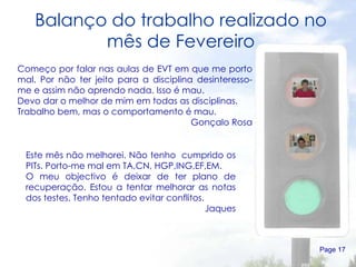 Balanço do trabalho realizado no mês de Fevereiro Page  Começo por falar nas aulas de EVT em que me porto mal. Por não ter jeito para a disciplina desinteresso-me e assim não aprendo nada. Isso é mau. Devo dar o melhor de mim em todas as disciplinas. Trabalho bem, mas o comportamento é mau. Gonçalo Rosa Este mês não melhorei. Não tenho  cumprido os PITs. Porto-me mal em TA,CN, HGP,ING,EF,EM. O meu objectivo é deixar de ter plano de recuperação. Estou a tentar melhorar as notas dos testes. Tenho tentado evitar conflitos. Jaques 