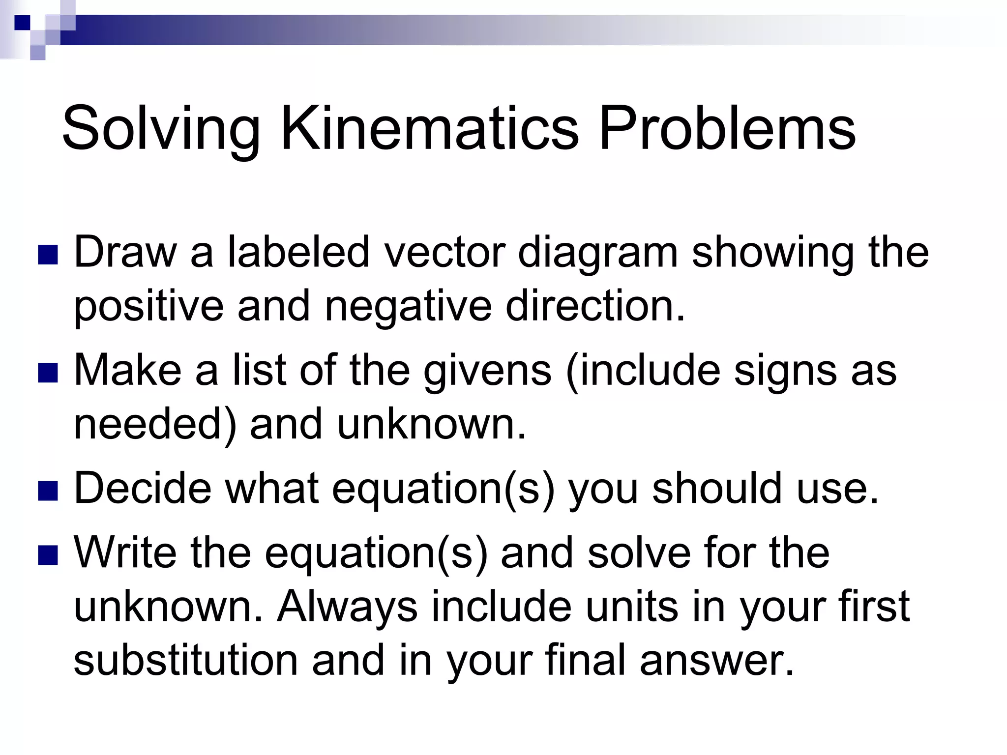 Solving Kinematics Problems
 Draw a labeled vector diagram showing the
positive and negative direction.
 Make a list of the givens (include signs as
needed) and unknown.
 Decide what equation(s) you should use.
 Write the equation(s) and solve for the
unknown. Always include units in your first
substitution and in your final answer.
 
