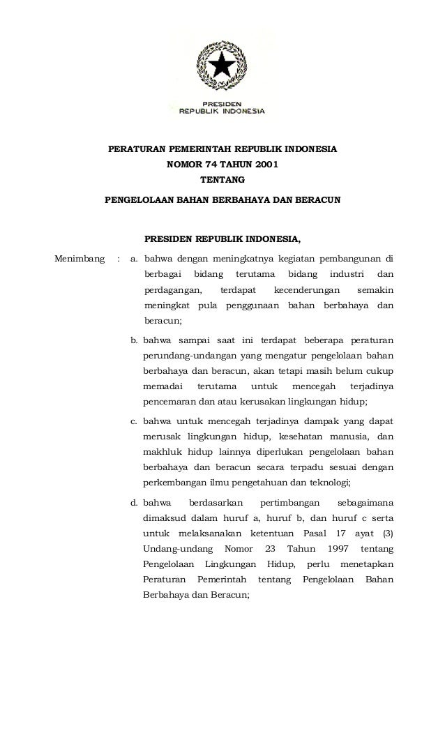Gambar Peraturan Pemerintah No. 74 Tahun 2001 tentang Pengelolaan Bahan Berbahaya dan Beracun