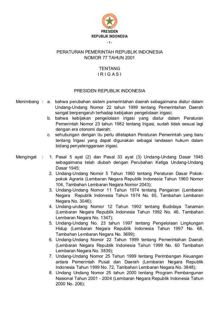 Peraturan Pemerintah No 77 Tahun 2001 Tentang Irigasi