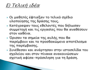  Οι μαθητές έφτιαξαν το τελικό σχέδιο
υλοποίησης της δράσης τους.
 Κατέγραψαν τους εθελοντές που δήλωσαν
συμμετοχή και τις εργασίες που θα αναθέσουν
στον καθένα.
 Όρισαν τα σημεία της αυλής που θα
παρέμβουν και το προσδοκώμενο αποτέλεσμα
της παρέμβασης.
 Συνέθεσαν και ανάρτησαν στην ιστοσελίδα του
σχολείου και στον πίνακα ανακοινώσεων
σχετική αφίσα-πρόσκληση για τη δράση.
 