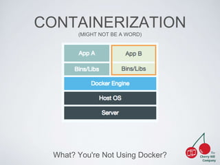 CONTAINERIZATION 
(MIGHT NOT BE A WORD) 
What? You're Not Using Docker? 
 