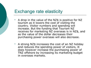 Exchange rate elasticity
 A drop in the value of the NZ$ is positive for NZ
tourism as it lowers the cost of visiting the
country. Visitor numbers and spending will
increase. But the funding that Tourism NZ
receives for marketing NZ overseas is in NZ$, and
as the value of the dollar decreases their
purchasing power overseas will also decrease.
 A strong NZ$ increases the cost of an NZ holiday
and reduces the spending power of visitors, It
does however increase the purchasing power of
TNZ offshore by increasing its marketing budget
in overseas markets.
 
