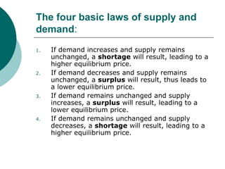 The four basic laws of supply and
demand:
1. If demand increases and supply remains
unchanged, a shortage will result, leading to a
higher equilibrium price.
2. If demand decreases and supply remains
unchanged, a surplus will result, thus leads to
a lower equilibrium price.
3. If demand remains unchanged and supply
increases, a surplus will result, leading to a
lower equilibrium price.
4. If demand remains unchanged and supply
decreases, a shortage will result, leading to a
higher equilibrium price.
 