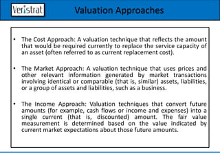 Valuation Approaches
• The Cost Approach: A valuation technique that reflects the amount
that would be required currently to replace the service capacity of
an asset (often referred to as current replacement cost).
• The Market Approach: A valuation technique that uses prices and
other relevant information generated by market transactions
involving identical or comparable (that is, similar) assets, liabilities,
or a group of assets and liabilities, such as a business.
• The Income Approach: Valuation techniques that convert future
amounts (for example, cash flows or income and expenses) into a
single current (that is, discounted) amount. The fair value
measurement is determined based on the value indicated by
current market expectations about those future amounts.
 