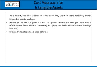 Cost Approach for
Intangible Assets
As a result, the Cost Approach is typically only used to value relatively minor
intangible assets, such as:
• Assembled workforce (which is not recognized separately from goodwill, but is
often valued because it is necessary to apply the Multi-Period Excess Earnings
Method)
• Internally developed and used software
 