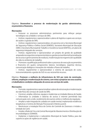PLANO DE GOVERNO - CARLOS EDUARDO NUNES ALVES - 2017-2020
28
Objetivo: Desenvolver o processo de modernização da gestão administrativa,
orçamentária e financeira.
Macroações:
• Instaurar os processos administrativos pertinentes para reforçar parque
tecnológico nas unidades e serviços da SMS;
• Instituir, regulamentar e operacionalizar o plano de logística e apoio aos serviços
de saúde e à gestão da SMS;
• Instituir, regulamentar e operacionalizar, em parceria com a Secretaria Municipal
de Segurança Pública e Defesa Social (SEMDES), Secretaria Municipal de Educação
(SME) e Secretaria Municipal de Trabalho e Assistência Social (SEMTAS), um plano de
segurança integrado dos serviços;
• Instituir, regulamentar e operacionalizar um projeto de gestão de qualidade
amparadonosseguintescomponentesbásicos:gestãosocioambiental(racionalização
de recursos e gerenciamento de resíduos), modernização tecnogerencial e qualidade
de vida no ambiente de trabalho;
• Promover a qualificação profissional sobre o processo de execução orçamentária
e financeira em quatro componentes básicos: tecnológico, expertise técnica,
comunicação dialógica e inovações de métodos e fluxos de trabalho;
• Instituir, regulamentar e operacionalizar o sistema de apuração de custo,
instrumentalizando a gestão do SUS no uso racional de recursos.
Objetivo: Promover a melhoria da infraestrutura do SUS por meio da construção,
reforma, ampliação e modernização do sistema, com vistas a propiciar aos seus usuários
e trabalhadores condições adequadas de acesso aos serviços de saúde.
Macroações:
• Formular,regulamentareoperacionalizaroplanodeestruturaçãoemodernização
da rede física dos serviços de saúde da SMS;
• Construir, ampliar, reformar, equipar e modernizar as Unidades Básicas de Saúde;
• Informatizar as unidades e dotá-las de acesso à internet permitindo boa
comunicação com a rede, recebimento de exames online e melhoria da regulação;
• Ampliar a rede integrada de cuidados em saúde mental, implantando residências
terapêuticas e Centros de Atenção Psicossocial e Infanto-juvenil;
• Reestruturar a instalação física do Centro de Controle de Zoonoses e instalar a
Unidade do Canil;
• Instalar a Rede de Frio e da Central Municipal de Abastecimento e Distribuição de
Imunobiológicos (CEMADI);
• Implantar e implementar o Laboratório Municipal de Saúde Pública, para dar
suporte às ações de vigilância em saúde;
 