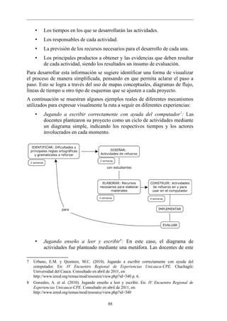 •   Los tiempos en los que se desarrollarán las actividades.
     •   Los responsables de cada actividad.
     •   La previsión de los recursos necesarios para el desarrollo de cada una.
     •   Los principales productos a obtener y las evidencias que deben resultar
         de cada actividad, siendo los resultados un insumo de evaluación.
Para desarrollar esta información se sugiere identificar una forma de visualizar
el proceso de manera simplificada, pensando en que permita aclarar el paso a
paso. Esto se logra a través del uso de mapas conceptuales, diagramas de flujo,
líneas de tiempo u otro tipo de esquemas que se ajusten a cada proyecto.
A continuación se muestran algunos ejemplos reales de diferentes mecanismos
utilizados para expresar visualmente la ruta a seguir en diferentes experiencias:
     •   Jugando a escribir correctamente con ayuda del computador 7: Las
         docentes plantearon su proyecto como un ciclo de actividades mediante
         un diagrama simple, indicando los respectivos tiempos y los actores
         involucrados en cada momento.




     •   Jugando enseño a leer y escribir 8: En este caso, el diagrama de
         actividades fue planteado mediante una metáfora. Las docentes de este

7   Urbano, E.M. y Quintero, M.C. (2010). Jugando a escribir correctamente con ayuda del
    computador. En: IV Encuentro Regional de Experiencias Unicauca-CPE. Chachagüí:
    Universidad del Cauca. Consultado en abril de 2011, en:
    http://www.iered.org/remas/mod/resource/view.php?id=340 p. 6.
8   Gonzales, A. et al. (2010). Jugando enseño a leer y escribir. En: IV Encuentro Regional de
    Experiencias Unicauca-CPE. Consultado en abril de 2011, en:
    http://www.iered.org/remas/mod/resource/view.php?id=340

                                             88
 