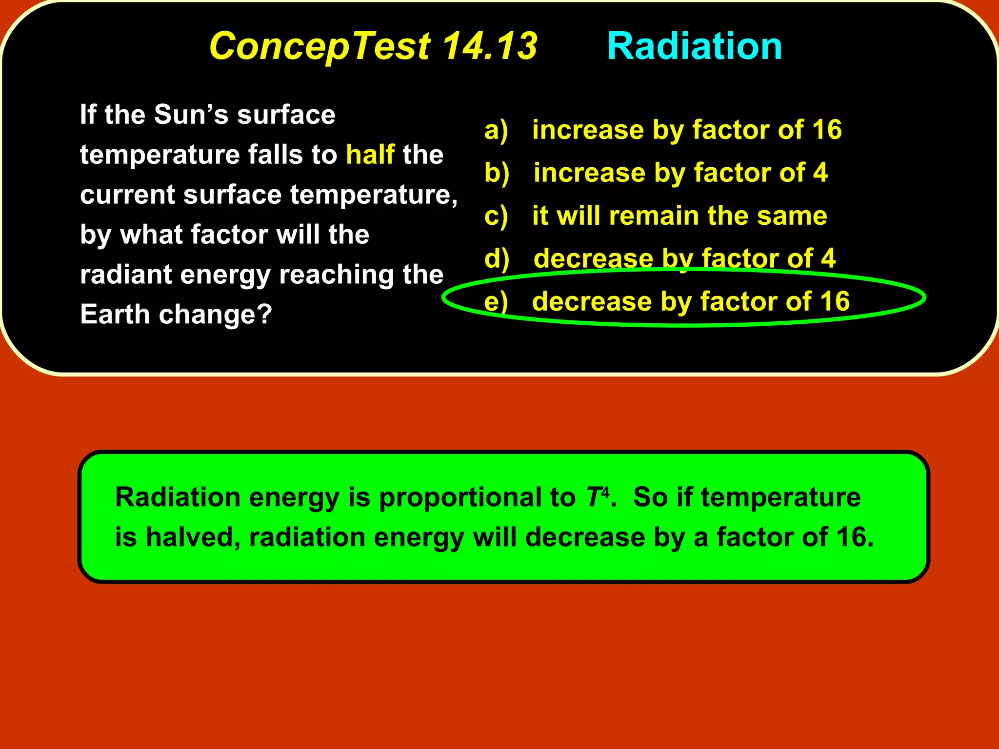 ConcepTest 14.13 Radiation  If the Sun’s surface temperature falls to  half  the current surface temperature, by what factor will the radiant energy reaching the  Earth change? a)  increase by factor of 16 b)  increase by factor of 4  c)  it will remain the same d)  decrease by factor of 4 e)  decrease by factor of 16 Radiation energy is proportional to  T 4 .  So if temperature  is halved, radiation energy will decrease by a factor of 16. 