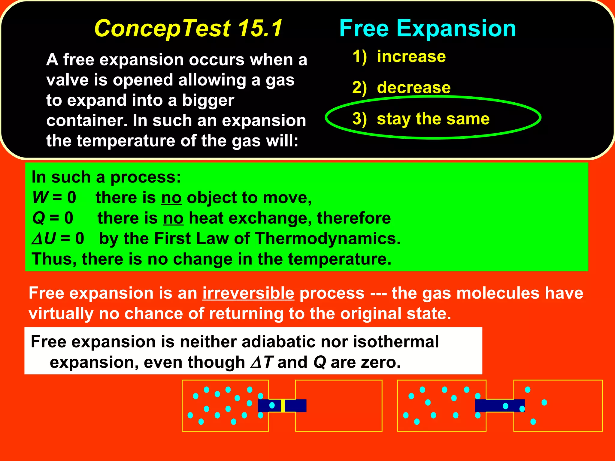 ConcepTest 15.1 Free Expansion  A free expansion occurs when a valve is opened allowing a gas to expand into a bigger container. In such an expansion the temperature of the gas will: 1)   increase 2)   decrease 3)  stay the same In such a process: W  = 0  there is  no  object to move, Q  = 0  there is  no  heat exchange, therefore  U  = 0  by the First Law of Thermodynamics. Thus, there is no change in the temperature. Free expansion is neither adiabatic nor isothermal  expansion, even though   T  and  Q  are zero.  Free expansion is an  irreversible  process --- the gas molecules have virtually no chance of returning to the original state.  