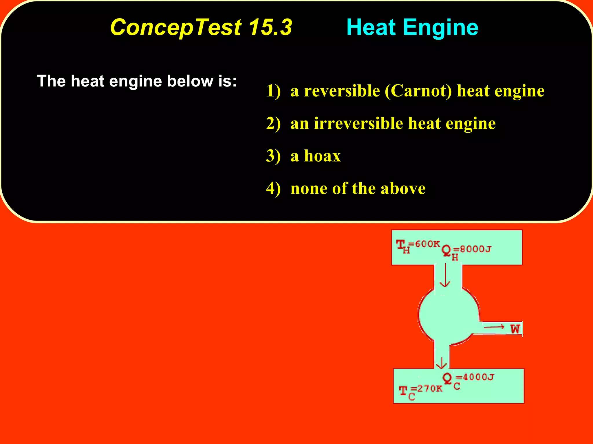 ConcepTest 15.3 Heat Engine  The heat engine below is:  1)  a reversible (Carnot) heat engine 2)  an irreversible heat engine 3)  a hoax 4)  none of the above 