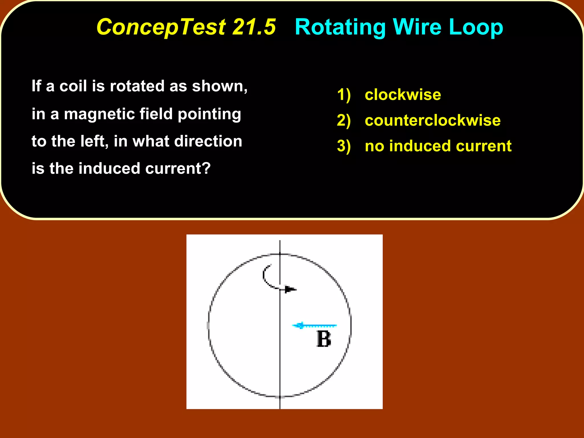 If a coil is rotated as shown, in a magnetic field pointing to the left, in what direction is the induced current?  ConcepTest 21.5  Rotating Wire Loop 1)  clockwise 2)  counterclockwise 3)  no induced current 