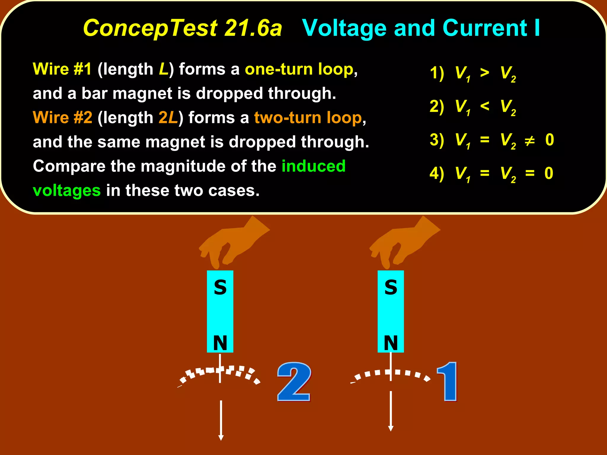 Wire #1  (length  L ) forms a  one-turn loop , and a bar magnet is dropped through.  Wire #2  (length  2 L ) forms a  two-turn loop , and the same magnet is dropped through.  Compare the magnitude of the  induced voltages  in these two cases.  ConcepTest 21.6a  Voltage and Current I 1)  V 1   >  V 2   2)  V 1   <  V 2   3)  V 1   =  V 2      0 4)  V 1   =  V 2   =  0 N S N S 1 2 