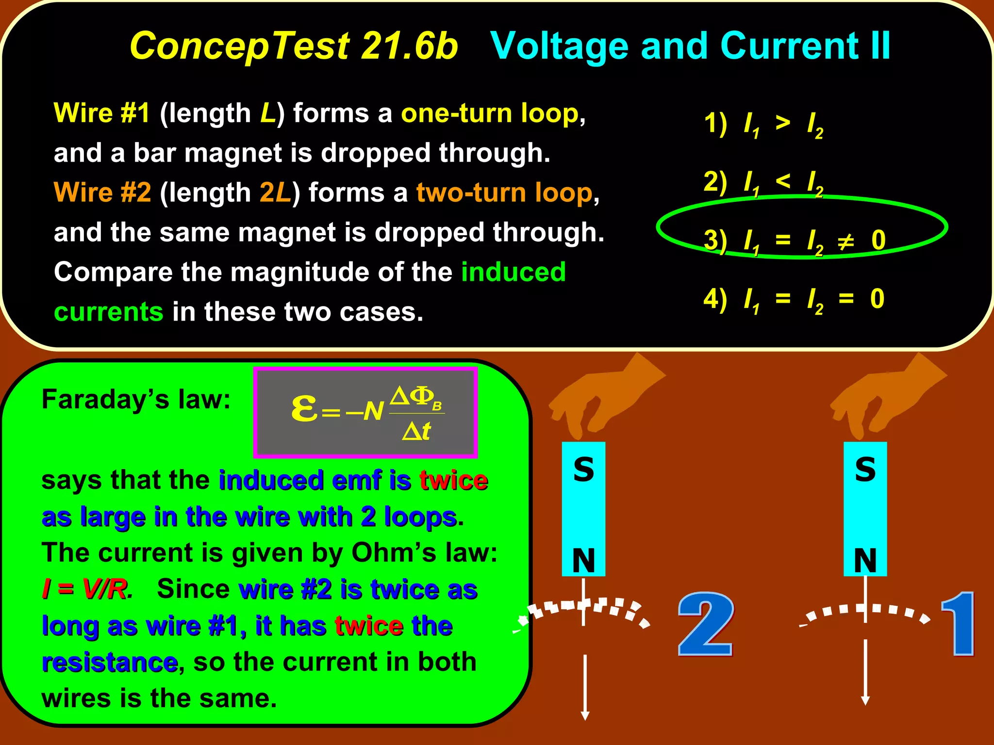 ConcepTest 21.6b  Voltage and Current II Wire #1  (length  L ) forms a  one-turn loop , and a bar magnet is dropped through.  Wire #2  (length  2 L ) forms a  two-turn loop , and the same magnet is dropped through.  Compare the magnitude of the  induced currents  in these two cases.  Faraday’s law: says that the  induced emf is   twice   as large in the wire with 2 loops .  The current is given by Ohm’s law:  I = V/R .   Since  wire #2 is twice as long as wire #1, it has   twice   the resistance , so the current in both wires is the same. 1)  I 1   >  I 2   2)  I 1   <  I 2   3)  I 1   =  I 2      0 4)  I 1   =  I 2   =  0 N S N S 1 2 