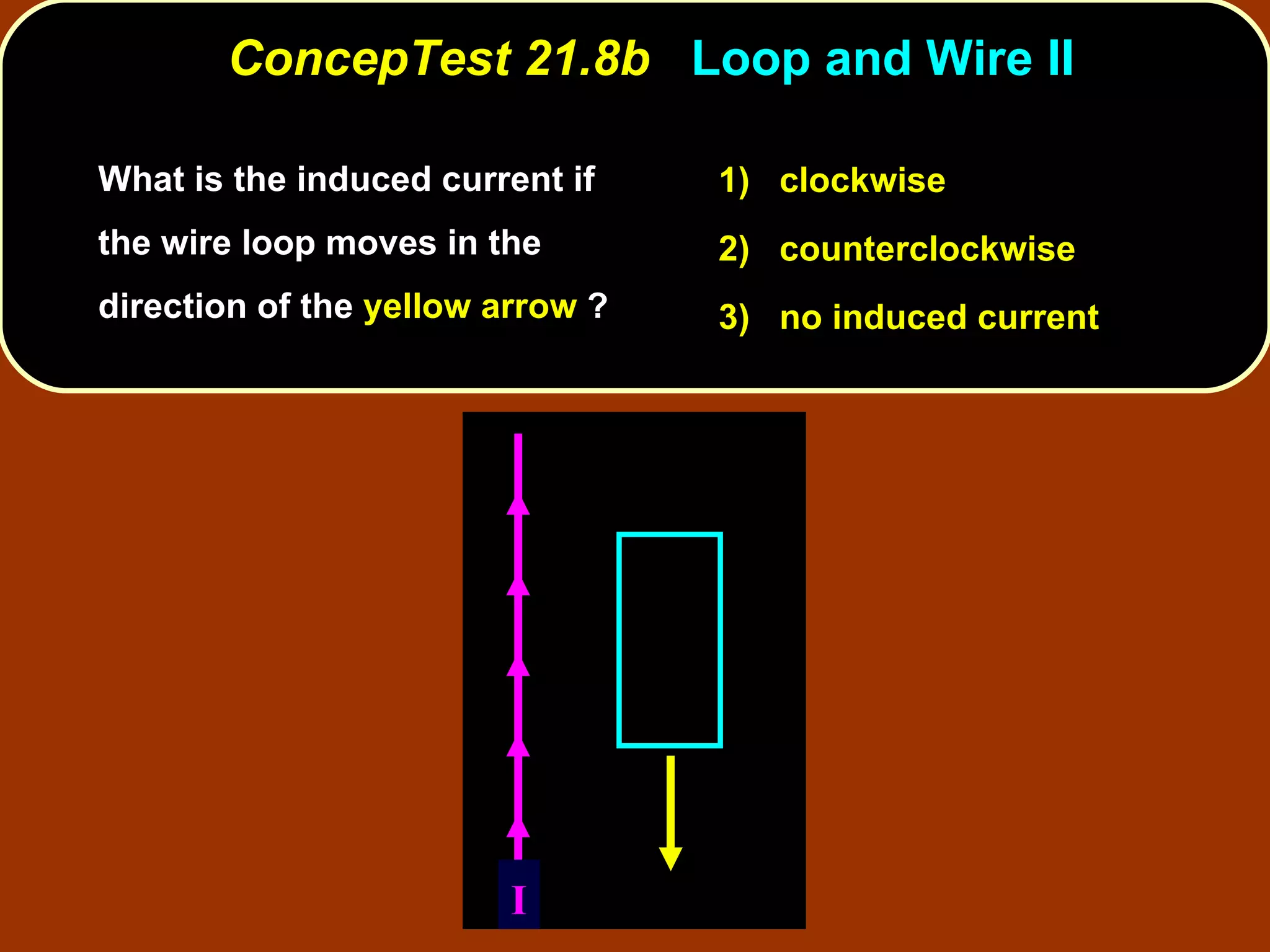 What is the induced current if the wire loop moves in the direction of the  yellow arrow  ? ConcepTest 21.8b  Loop and Wire II 1)  clockwise 2)  counterclockwise 3)  no induced current I 