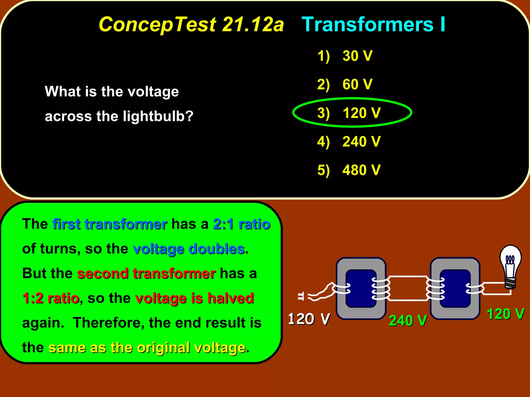 What is the voltage across the lightbulb?  ConcepTest 21.12a  Transformers I The  first transformer  has a  2:1 ratio  of turns, so the  voltage doubles .  But the  second transformer  has a  1:2 ratio , so the  voltage is halved  again.  Therefore, the end result is the  same as the original voltage . 1)  30 V 2)  60 V 3)  120 V 4)  240 V 5)  480 V 120 V 240 V 120 V 