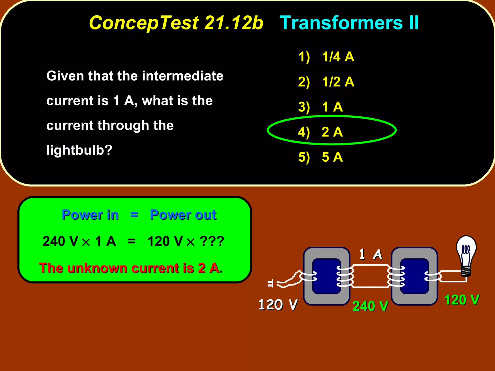 Given that the intermediate current is 1 A, what is the current through the lightbulb?  ConcepTest 21.12b  Transformers II Power in  =  Power out 240 V    1 A  =  120 V    ??? The unknown current is 2 A . 1)  1/4 A 2)  1/2 A 3)  1 A 4)  2 A 5)  5 A 1 A 120 V 240 V 120 V 